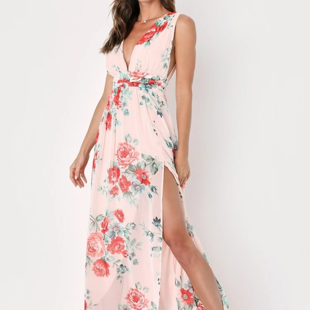 Lulus Garden Meandering Blush Floral Print Maxi Dress